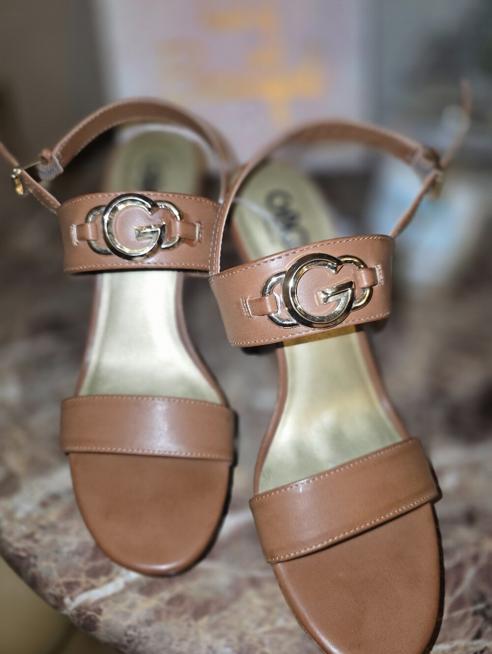 GBG Los Angeles Women's Cognac Leather Wedge Heel Sandals with Gold Emblem